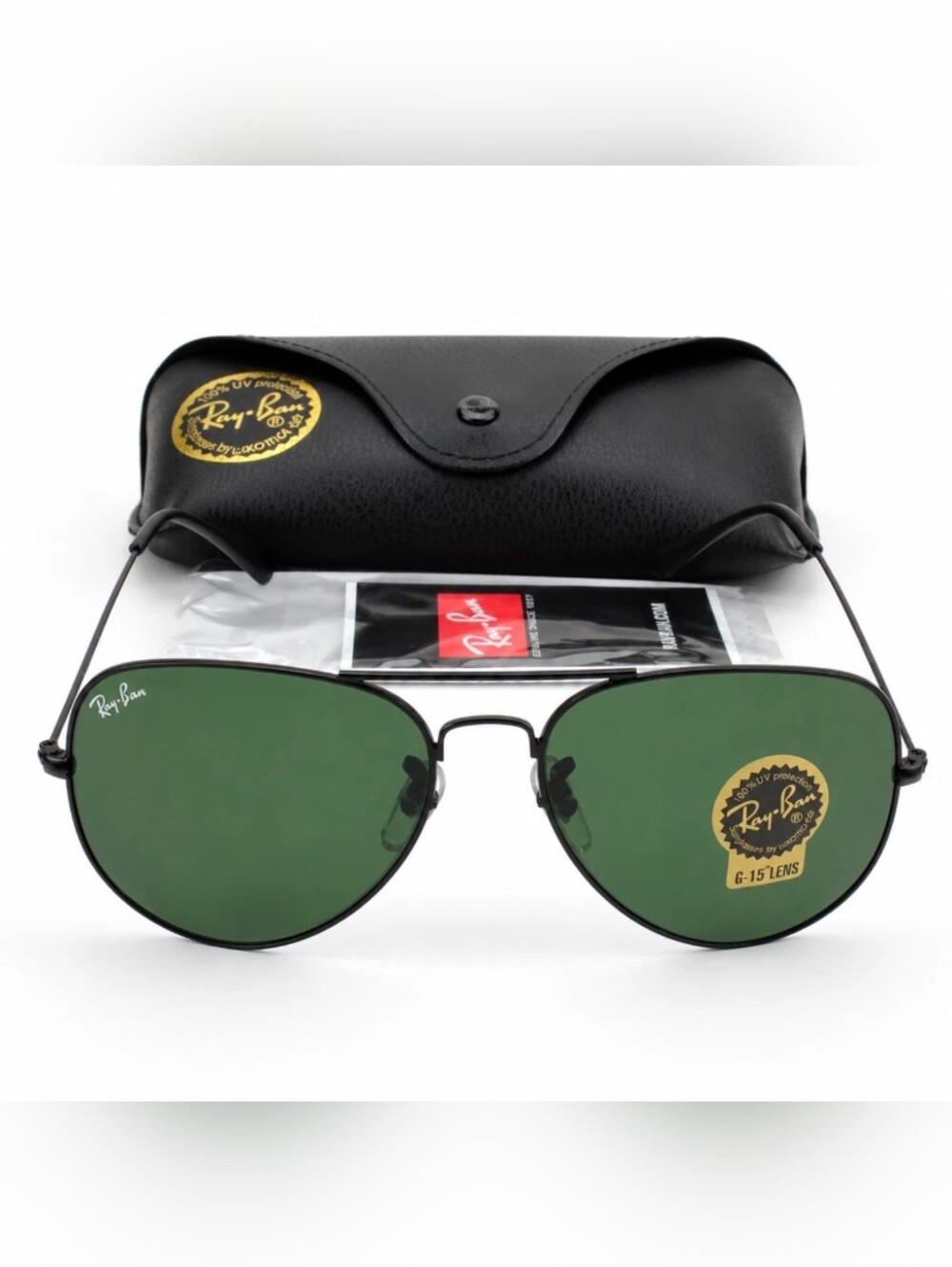 New With Box 62mm Ray-Ban Aviator Black Frames Green Lenses G-15 Lens RB3026